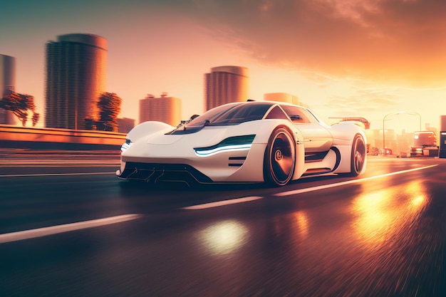 Auto sportiva elettrica che corre sulla strada mattutina nella città futura Creata con la tecnologia generativa AI