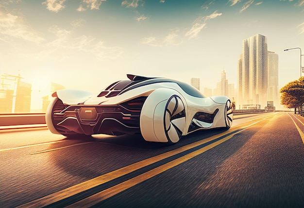 Auto sportiva elettrica che corre sulla strada mattutina nella città futura Creata con la tecnologia generativa AI