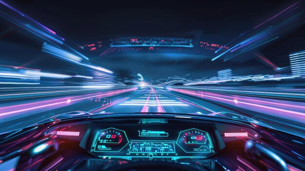 Auto sportiva futuristica che attraversa la città Cyberpunk