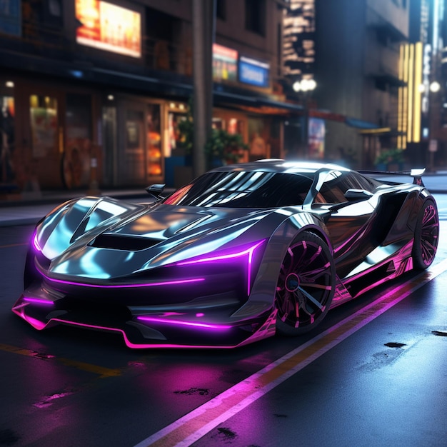 Auto sportiva futuristica con auto cyberpunk di lusso brillante al neon