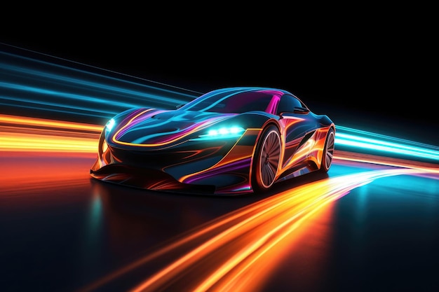 Auto sportiva futuristica su strada con effetto luce sfocatura movimento IA generativa