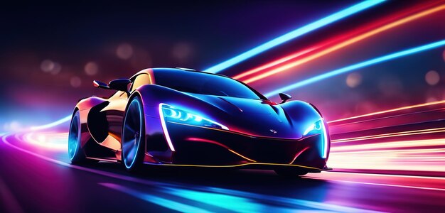 Auto sportiva futuristica sull'autostrada al neon Potente accelerazione di una supercar su una pista notturna con col