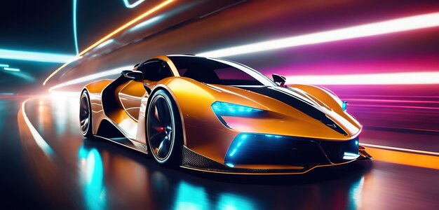 Auto sportiva futuristica sull'autostrada al neon Potente accelerazione di una supercar su una pista notturna con col