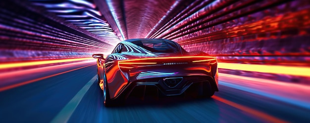 Auto sportiva futuristica super veloce nel tunnel con l'effetto scia luminosa IA generativa