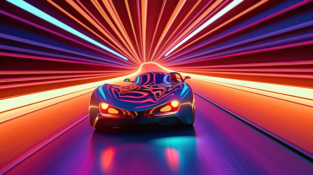 Auto sportiva futuristica super veloce nel tunnel con l'effetto scia luminosa IA generativa