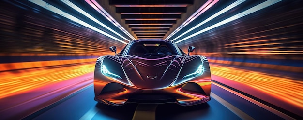 Auto sportiva futuristica super veloce nel tunnel con l'effetto scia luminosa IA generativa