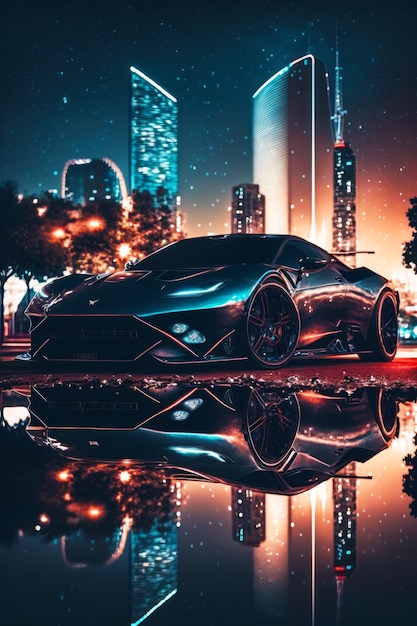 Auto sportiva nera parcheggiata di notte davanti al paesaggio urbano AI generativa