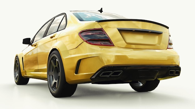 Auto sportiva super veloce color oro metallizzato su sfondo bianco. Berlina a forma di corpo. La messa a punto è una versione di una normale auto di famiglia. rendering 3D.