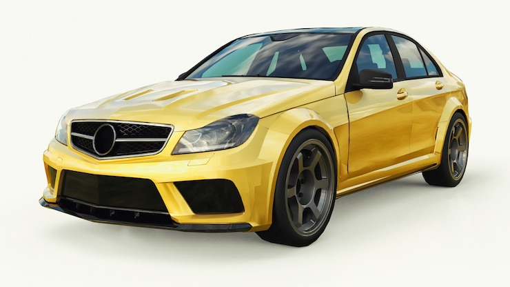 Foto auto sportiva super veloce colore oro metallizzato su bianco