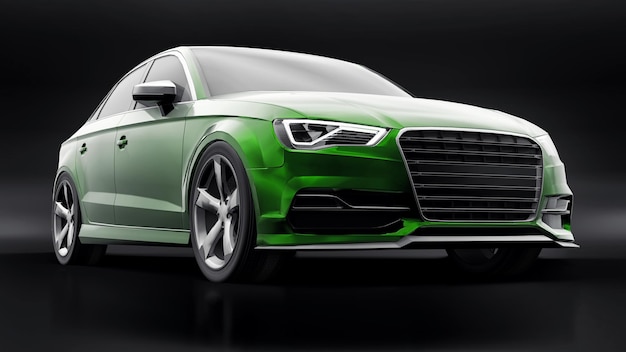 Auto sportiva super veloce colore verde metallizzato su sfondo nero Sedan a forma di carrozzeria Tuning è una versione di un normale rendering 3d di un'auto di famiglia