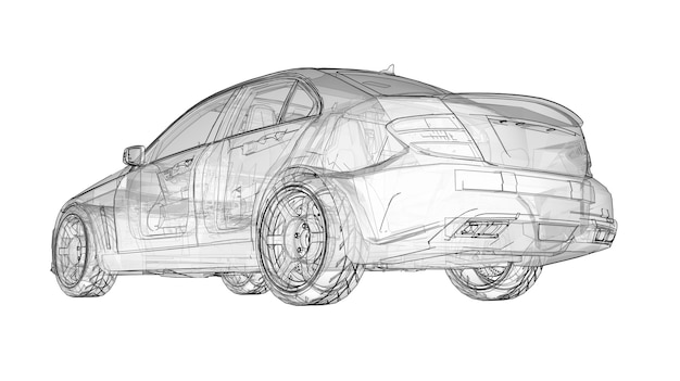 Auto sportiva super veloce trasparente delineata linee su uno sfondo bianco. Berlina a forma di corpo. La messa a punto è una versione di una normale auto di famiglia. rendering 3D.