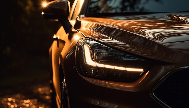 Auto sportive che attraversano le strade della città illuminate da fari generati dall'intelligenza artificiale