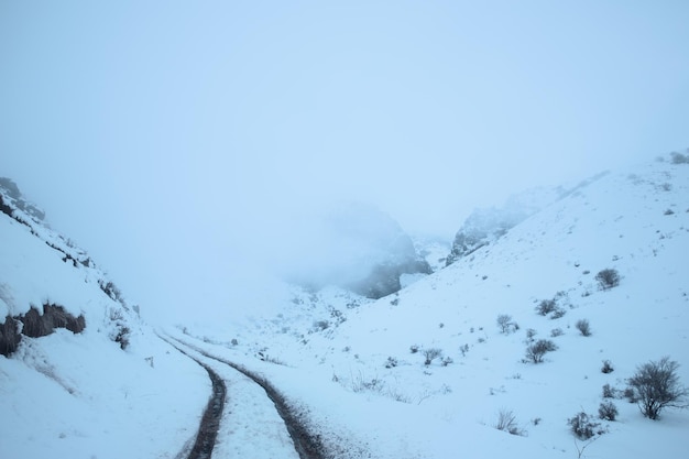 Auto su strada di montagna invernale