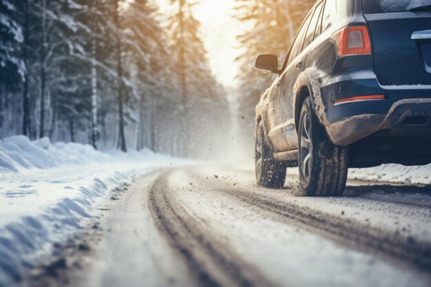 Auto su strada innevata nella foresta invernale Pericolo di guida su strada scivolosa in caso di bufera di neve