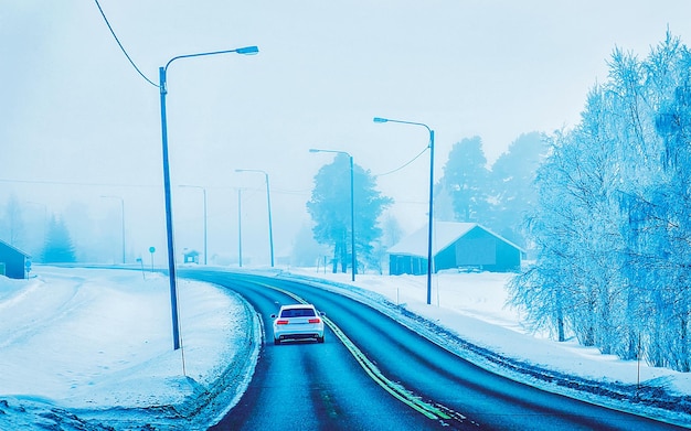 Auto su strada invernale con neve in Finlandia. Auto e paesaggio freddo della Lapponia. Automobile sulla foresta d'Europa. Giro in autostrada della città finlandese. Carreggiata e percorso innevato viaggio su strada. Guida