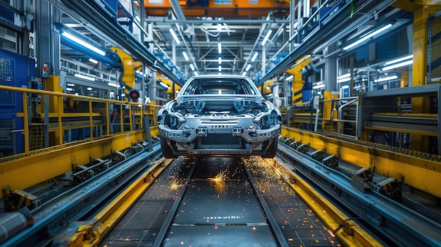 Auto su una catena di montaggio in una fabbrica