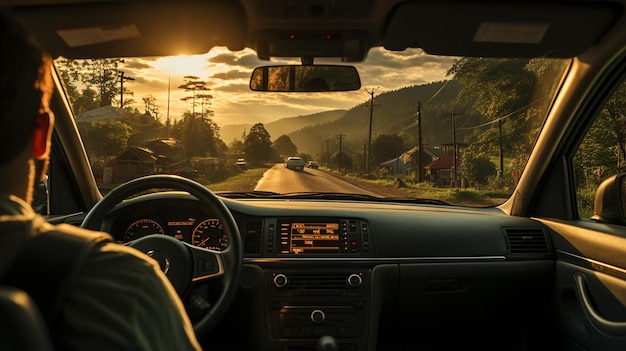 auto su una strada di montagna alla sera viaggio e concetto di trasporto