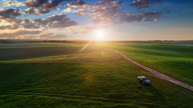 Auto su una strada sterrata in un campo di girasoli e grano con la luce del sole