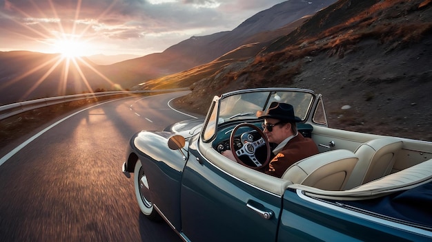 Auto sulla strada con una montagna durante il tramonto