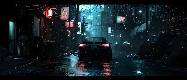 Auto sullo sfondo della strada di una notte piovosa scura Ai Generato
