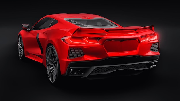 Auto super sportiva rossa ultramoderna con un layout a motore centrale su un'illustrazione 3d di sfondo nero