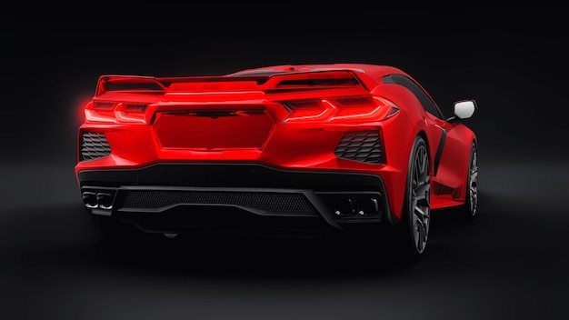 Auto super sportiva rossa ultramoderna con un layout a motore centrale su un'illustrazione 3d di sfondo nero