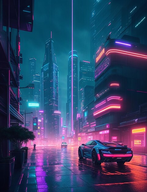 Auto supersportiva nella città cyberpunk con luci al neon