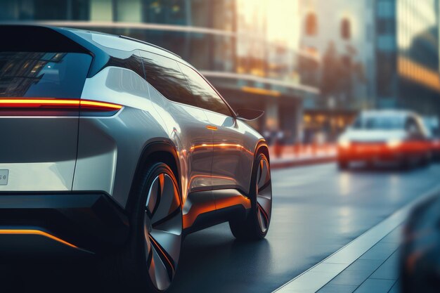 Auto Suv elettrica futuristica all'esterno sulla strada della città moderna fuori fuoco IA generativa