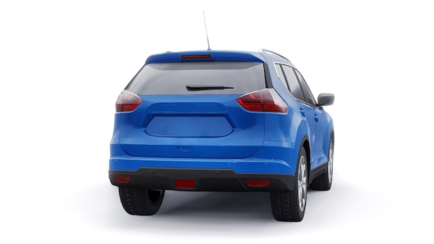 Auto SUV urbana blu per famiglie di medie dimensioni su sfondo bianco Illustrazione 3D