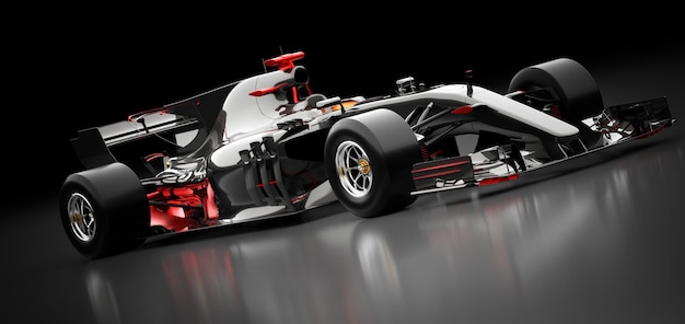 Auto veloce da F1 su sfondo nero Illustrazione 3D di un'auto sportiva da corsa di Formula uno