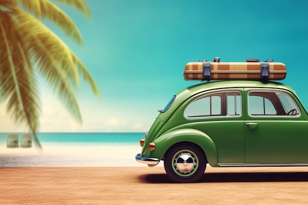 Auto verde con bagagli pronti per le vacanze estive Rendering 3D spazio copia vacanze estive