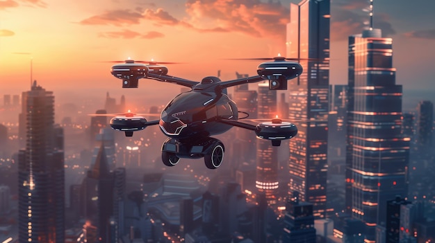 Auto volante futuristica con droni sopra lo skyline di una città al crepuscolo