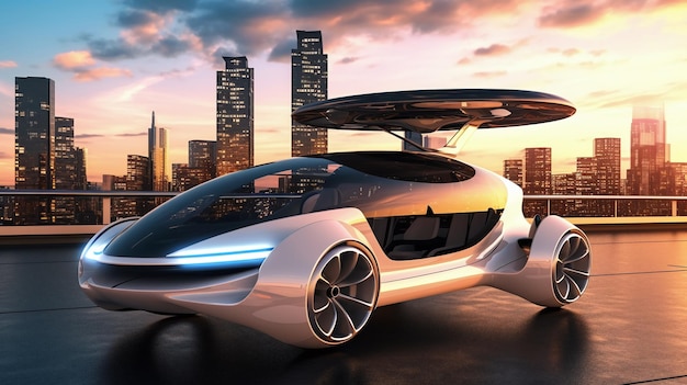 Auto volante futuristica nel paesaggio urbano