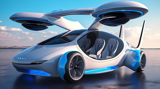 Auto volante futuristica su asfalto Transportation Design Render