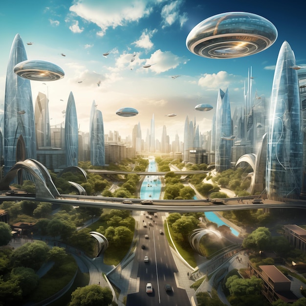 Auto volanti della Futuristic Future City