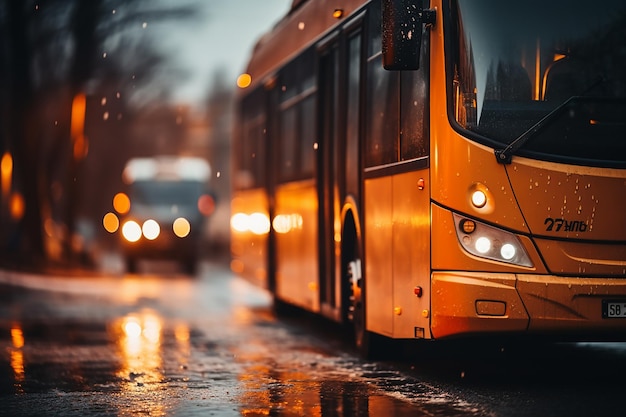 autobus a due piani sulla strada della città piovosa sfondo bokeh