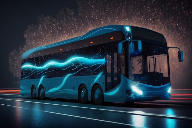 Autobus blu sulla strada di notte con luci e nebbia IA generativa