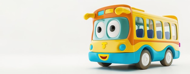 Autobus colorato in stile cartone animato con una faccia felice su uno sfondo bianco con spazio di copia