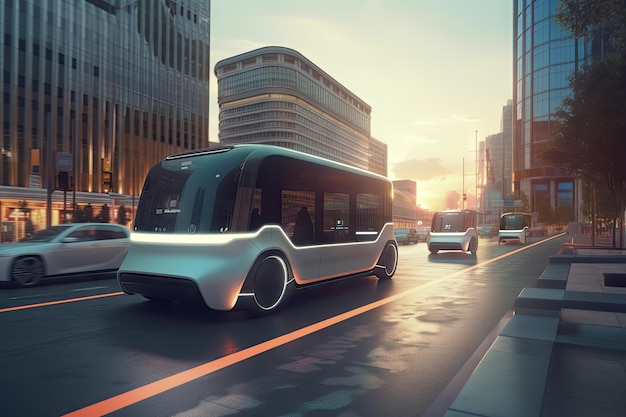 Autobus elettrico futuristico che percorre una strada trafficata con edifici futuristici sullo sfondo