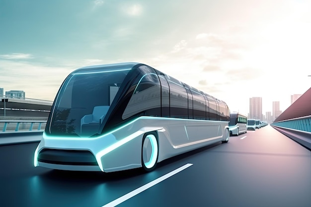 Autobus elettrico futuristico dal design elegante e futuristico che viaggia lungo l'autostrada futuristica