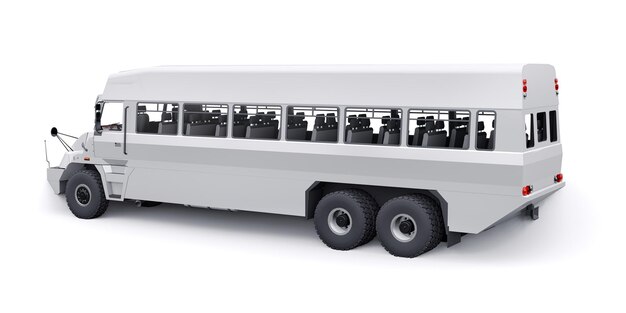 Autobus per trasportare i lavoratori in aree difficili da raggiungere. illustrazione 3D.