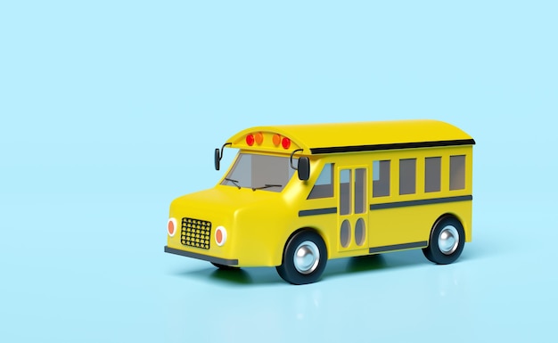 Autobus scolastico giallo 3d cartone animato veicolo per il trasporto di studenti isolati su sfondo blu di nuovo a scuola illustrazione di rendering 3D