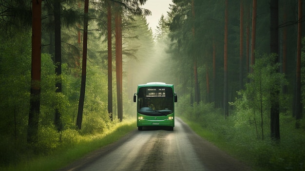 Autobus verde AI generativo sull'autostrada forestale