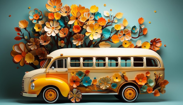 Autobus vintage con fiori e foglie su sfondo blu rendering 3d