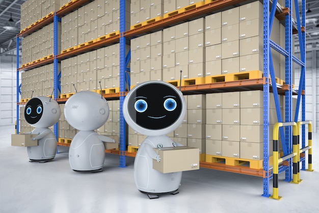 automatic warehouse concept with 3d rendering automation robot work in warehouse