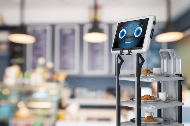 Automation cafe con assistente robotico o robot di servizio serve cibo