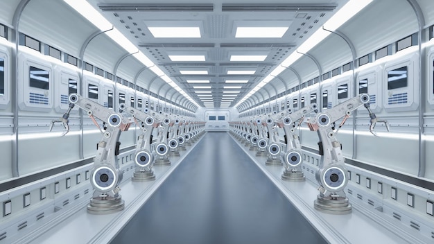 automation industry concept with 3d rendering robot assembly line in  factory