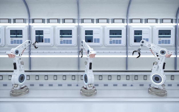 automation industry concept with 3d rendering robot assembly line in  factory