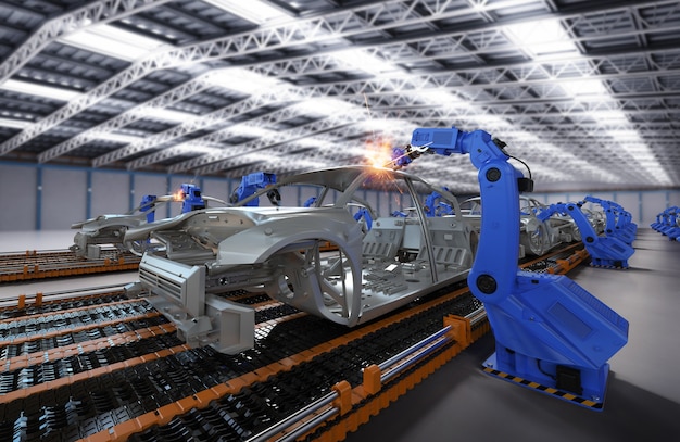 Automazione concetto di fabbrica aumobile con linea di assemblaggio robot di rendering 3d nella fabbrica di automobili