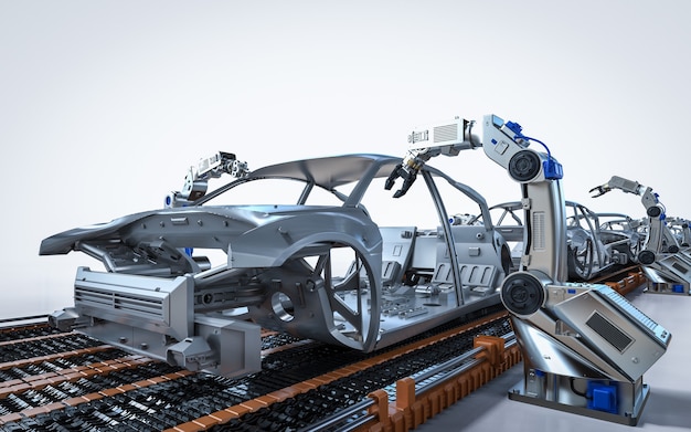 Automazione concetto di fabbrica aumobile con linea di assemblaggio robot di rendering 3d nella fabbrica di automobili